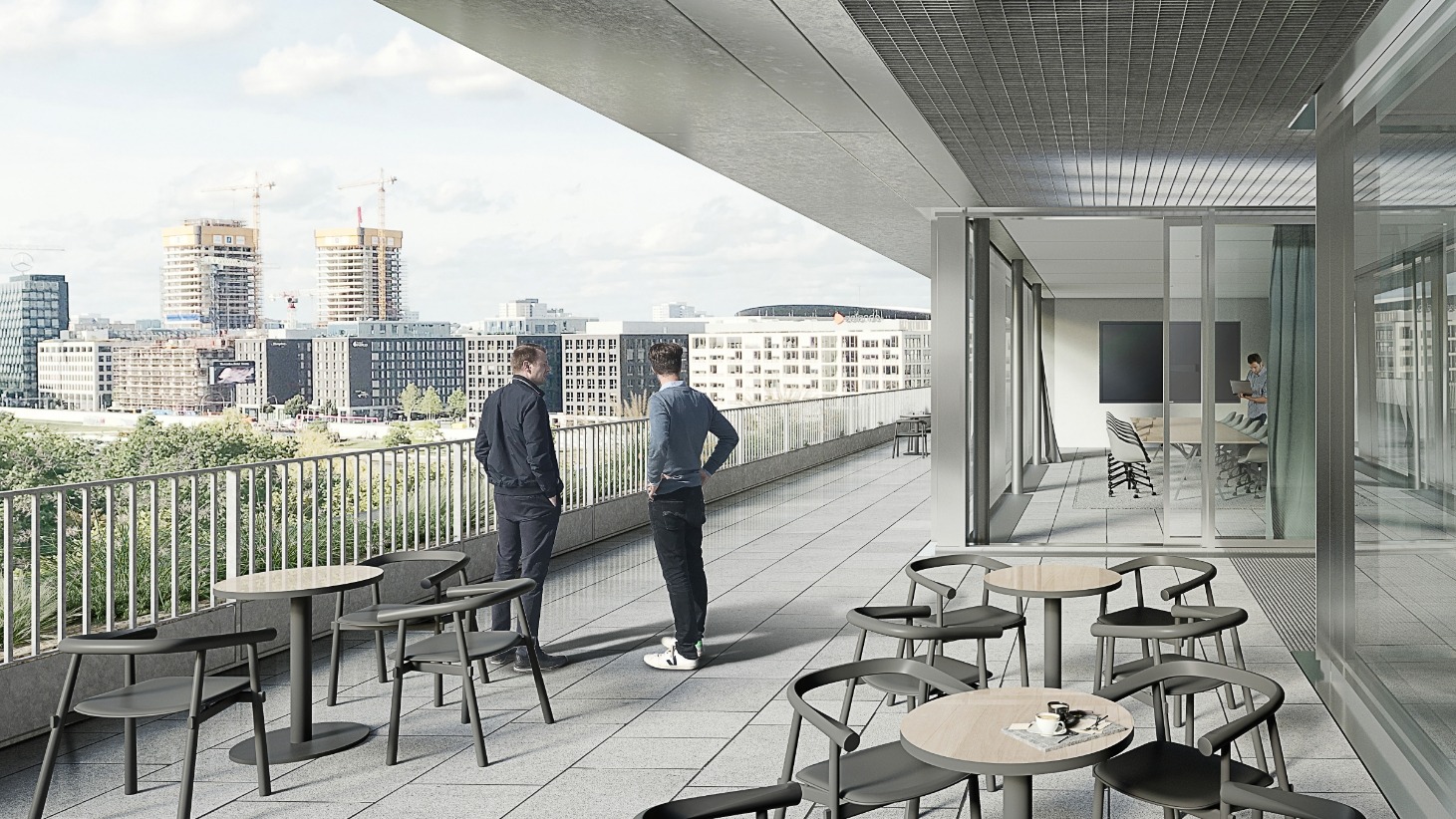 Visualisation of the project - Two young men standing on a spacious terrace with a view of the city